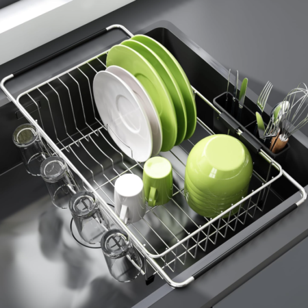 Extendable sink dish rack, stainless steel household countertop storage rack, multi-functional dish rack with tableware storage
